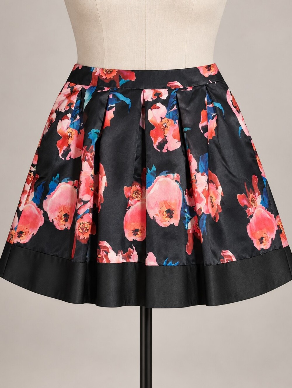 Zeagoo Floral Satin Pleated Skirt Plus Size Black W/Flowers